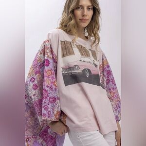 BlueVelvet “The King” Elvis Presley Pink Cadillac graphic t with Kantha sleeves